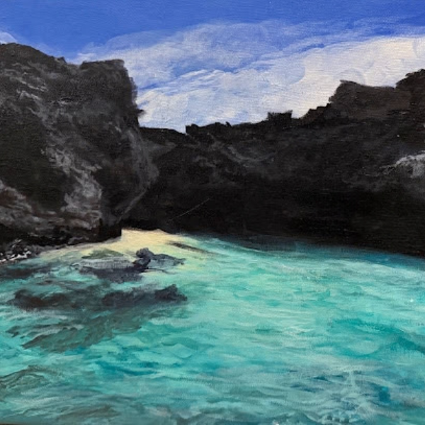A watercolor painting showing brilliant blue water and a rocky coastline, painted by a Siena teacher.