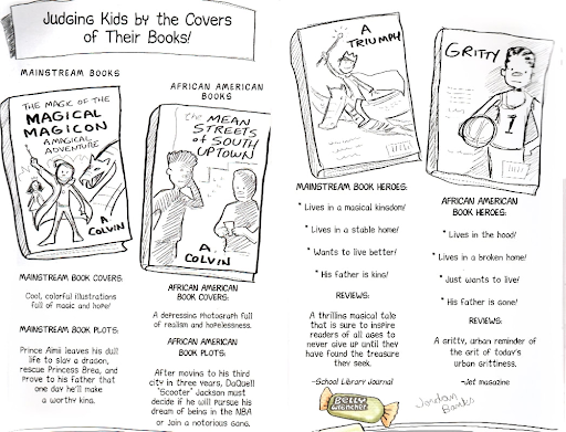 A black-and-white comic page comparing stereotypical mainstream book covers with African American book covers and protagonists.