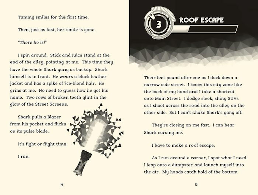 A two-page spread from a novel with dark text on a light background and image of a lighted handle.